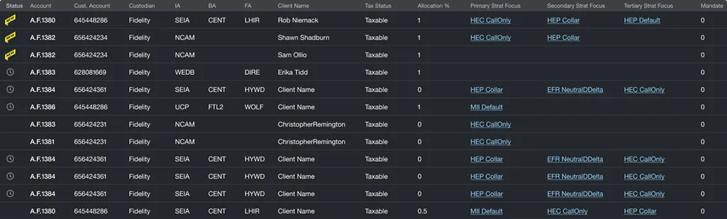 Client accounts list with strategy and allocation details