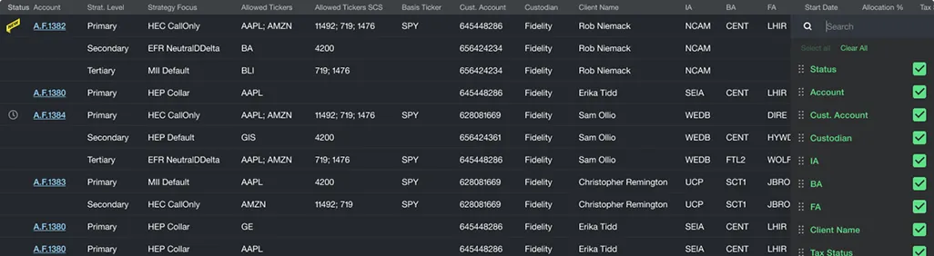 Strategy focus and ticker list for selected accounts