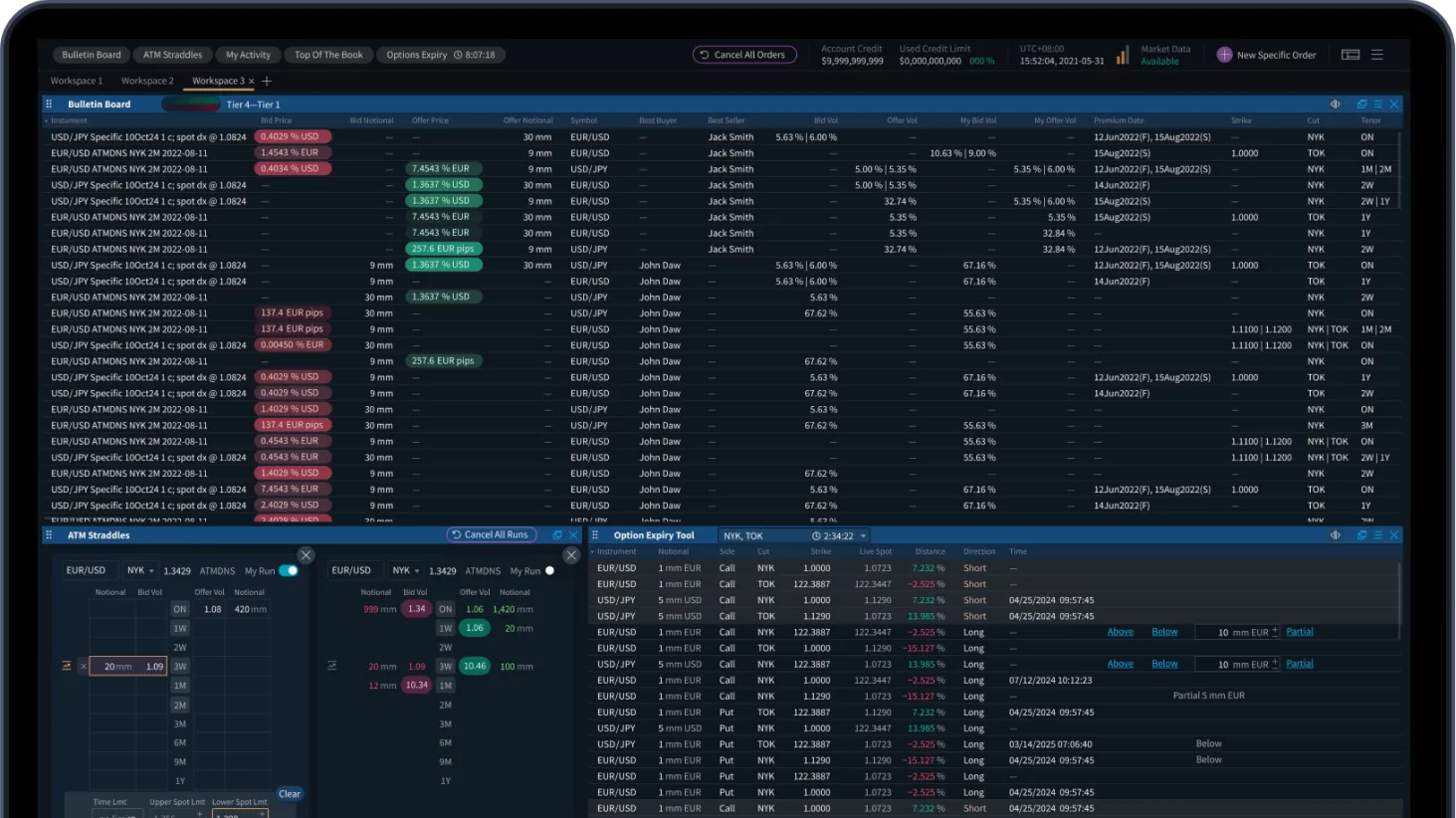 SpectrAxe trading interface screenshot showing block trade options, volume charts, and confirmation details.