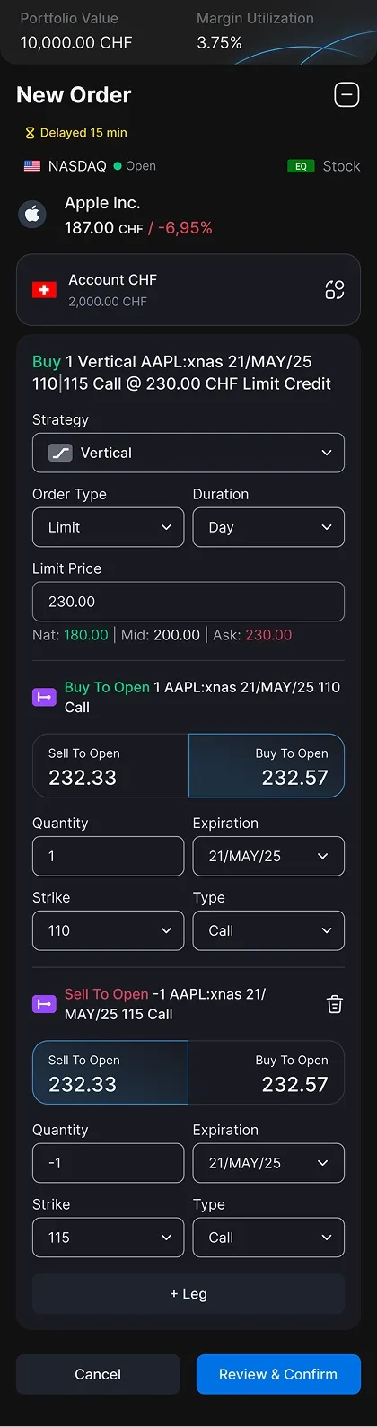 Screenshot of advance order entry variation