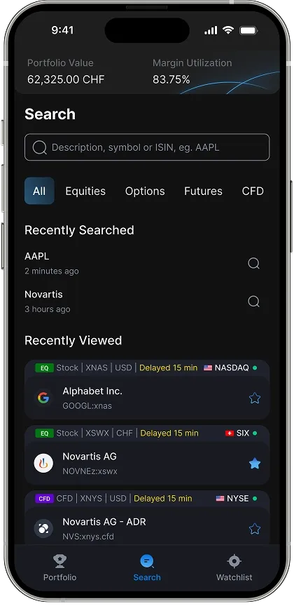 Second screenshot of the mobile trading platform's Main app section