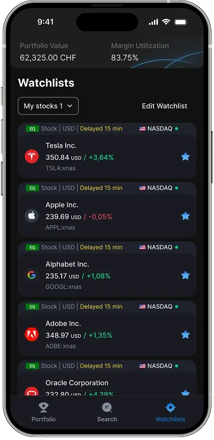 Third screenshot of the mobile trading platform's Main app section