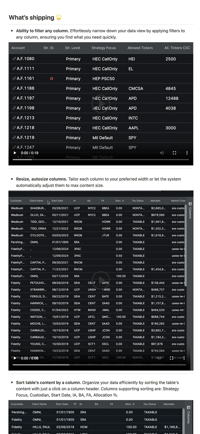 Table UI with column filtering, resizing, and sorting