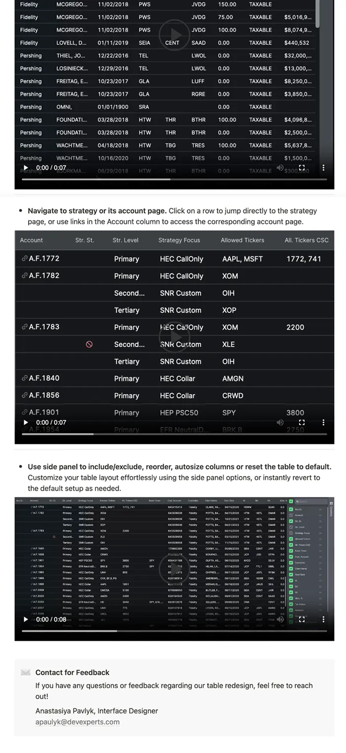 Table UI with strategy links and layout settings